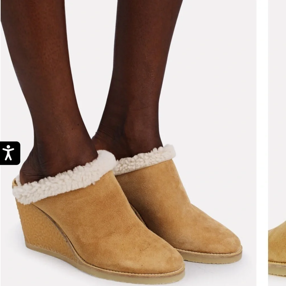 Isabel Marant's Tan Suede Leather Sherling 'Takita' Slip On Mule Wedges
